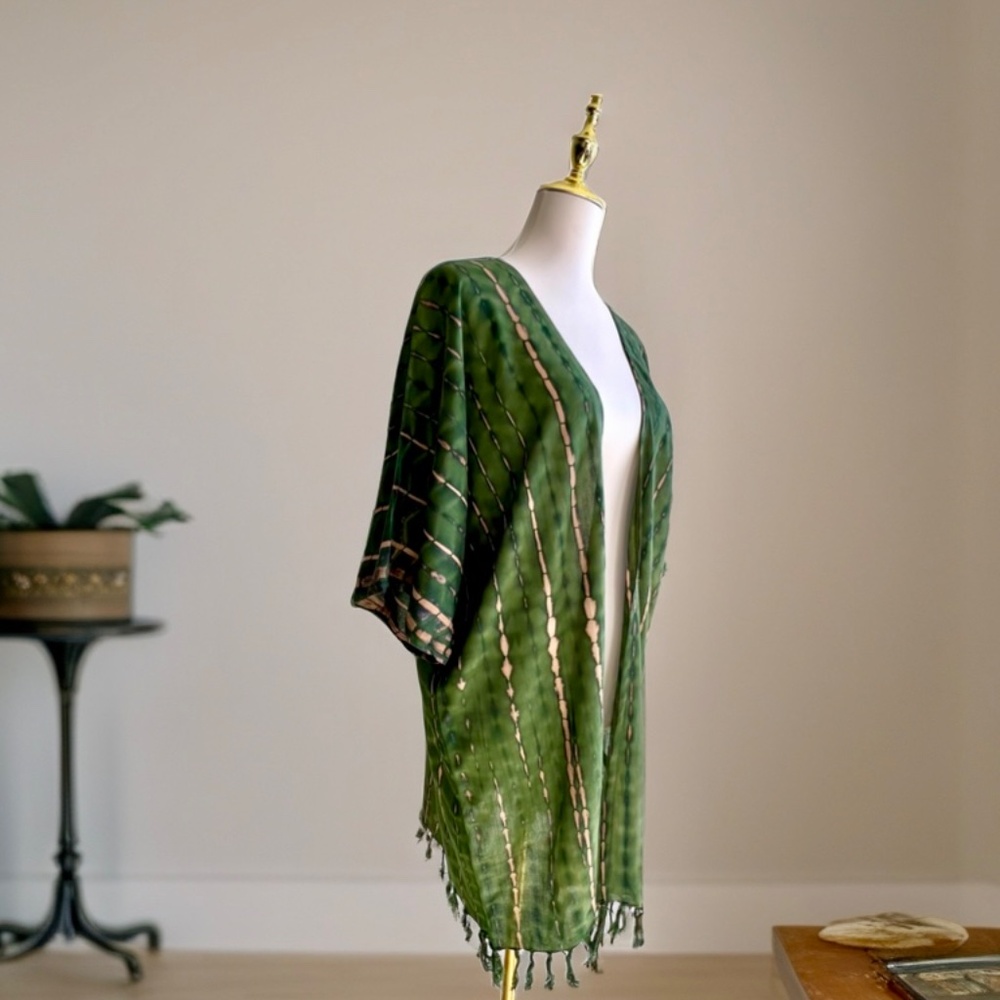 0154/ Short Kimono Cardigan with Fringes, Bohemian Top, Swim Cover up